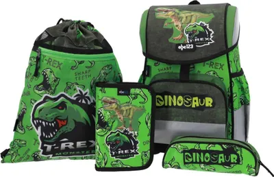 Produktbild von SCOOLSTAR Dino Dinosaurier Schulranzen Junge , FIDLOCK, Tornister |Grundschule ,SET 4 tlg. für Grundschule | inkl. Federmäppchen Turnbeutel Stifteetui