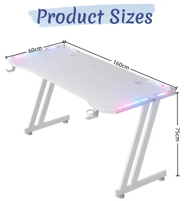 Image de Bureau de jeu - 160x60 cm - Bureau pour ordinateur - Éclairage LED - Structure métallique en forme de Z - Ergonomique - Avec porte-boissons et support pour casque