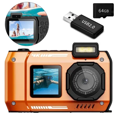 Produktbild von 4K Unterwasserkamera, 65MP Digitalkamera – Wasserdichte Autofokus Digitalkamera mit 64GB Karte, Dual-Screen Selfie-Funktion, 18X Zoom und 10m wasserdicht