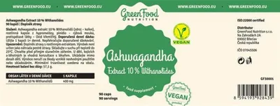Produktbild von GreenFood Nutrition Ashwagandha Extrakt 10% Withanolide 90 kapslí
