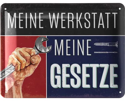 Produktbild von LANOLU retro Blechschild Meine WERKSTATT meine GESETZE, Deko Werkstatt Papa, Vatertagsgeschenk Schild, Werkstattschild Regeln, 15x20cm