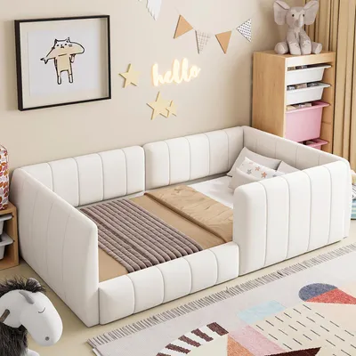 Produktbild von Flieks Kinderbett 90x200cm mit Rausfallschutz, Polsterbett mit Lattenrost, Bodenbett Spielbett mit Sicherheitsgeländer, Samt, Beige