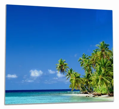 Produktbild von Wallario Herdabdeckplatte aus Glas, Größe 60 x 52 cm 1-teilig, Motiv Blauer Himmel  weißer Strand  Palmen und das tiefblaue Meer