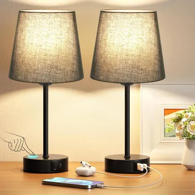 Produktbild von Nachttischlampe Touch Dimmbar 2er Set mit USB A und USB C Ladefunktion LED Tischlampe Leinen für Schlafzimmer Büro