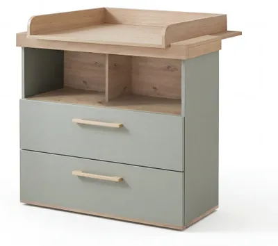 Produktbild von roba Wickelkommode „Jimmy“ - Wickelkommode für Babyzimmer mit abnehmbarem Wickelansatz - 2 Soft-Close Schubladen & offene Fächer - Massivholzgriffe - Salbei / Eiche