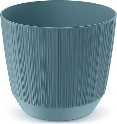 A blue planter pot with a ribbed texture.