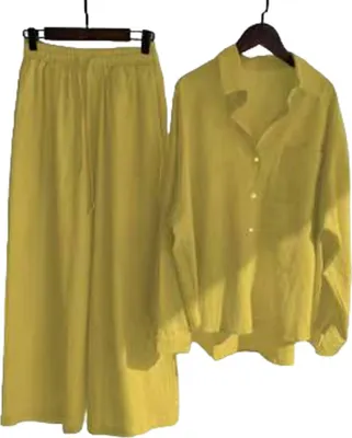Obrázek produktu pro ASKSA Dámský kalhotový kostým mušelínová halenka Dvoudílné letní tričko s dlouhým rukávem Kalhoty s širokou nohavicí Loungewear, žlutá barva, velikost: 3XL