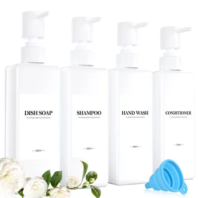 Obrázok produktu pre Omgoods – Biele dávkovače mydla s objemom 500 ml, vrátane lievika a štítkov