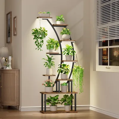 Image de Support à plantes avec lampe – Étagère à fleurs à 9 niveaux, 160 cm, en métal et en bois – Échelle à fleurs pour l'intérieur et l'extérieur – Étagère décorative noire pour plantes d'intérieur et de balcon
