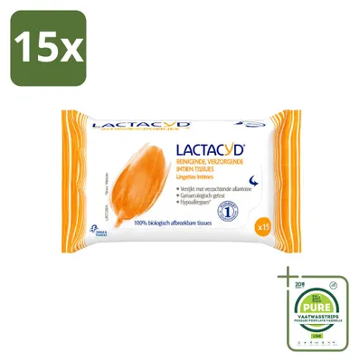 Obrázok produktu pre 15 ks čistiacich vlhčených obrúskov Lactacyd Classic na intímnu hygienu – biologicky odbúrateľné – veľké balenie – 15 kusov