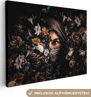 Produktbild von MuchoWow® - Leinwandbilder - Frau - Luxus - Blumen - Schmetterling - Porträt, Wandbild, Wanddeko Bilder Wohnzimmer, 120x90cm