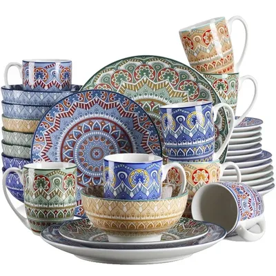 Zdjęcie produktu dla Zestaw porcelany stołowej, wzór mandali w stylu bohemy, kolor turkusowy, 32 szt