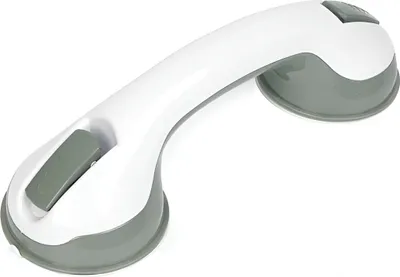 A white and gray suction cup grab bar on a white background.
