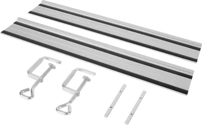 Two aluminum guide rails with black strips and two clamps, along with two small metal plates.