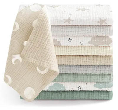 Zdjęcie produktu dla Chusteczki dla niemowląt, 10 sztuk, 100% bawełna, szare/zielone, 25x25 cm