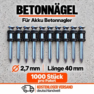 Zdjęcie produktu dla Gwoździe betonowe, 40 mm, 1000 sztuk, przeznaczone do użycia z wkrętarkami do betonu akumulatorowymi
