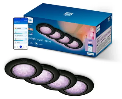 Productafbeelding van Philips Sada Smart LED GU10, volledig spectrum, instelbare witkleur, zwart, 4 stuks in de verpakking, Wi-Fi/Bluetooth, zwart, Wi-Fi 4 (802.11n), 802.11b, 802.11g, LED, metaal, kunststof, meer