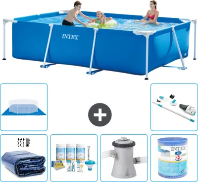 Produktbild von Intex-Schwimmbecken mit rechteckigem Rahmen – 300 x 200 x 75 cm – Blau – im Lieferumfang enthalten Sonnensegel - Wartungspaket - Filterpumpe für Schwimmbad - Filter - Bodenplane - Staubsauger