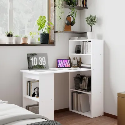 Image de Bureau - Bureau d'ordinateur - Table de travail - Espace de travail - Bureau - Blanc - 120x55 cm - Avec 5 étagères de rangement