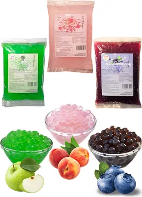 Produktbild von Bubble Tea Popping Boba Mix - 3 x 600g Pfirsich+Grünapfel+Heidelbeer Boba Fruchtperlen - Natur&Glutenfrei Boba Perlen - Aktion: 1 Gratis 600g Packung