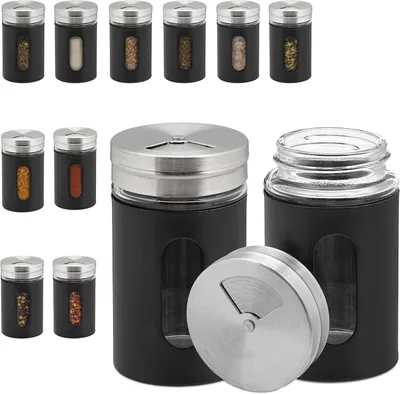 Imagen del producto de Tarros para especias - Set de 12 - Con agujeros para espolvorear (3 tamaños) - Vacíos - 90 ml - Dispensadores de especias de vidrio y acero inoxidable - - Plateado