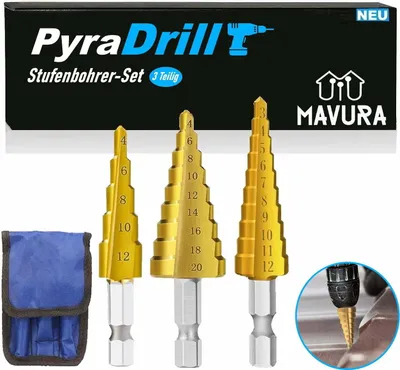 Obrázok produktu pre PyraDrill stupňovitý vrták HSS nerezová oceľ lúpací vrták kužeľový vrták 3-dielna sada