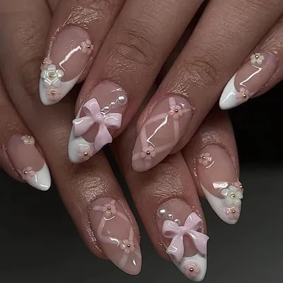 Image de 24 pièces blanc rose amande Press on ongles avec motif floral