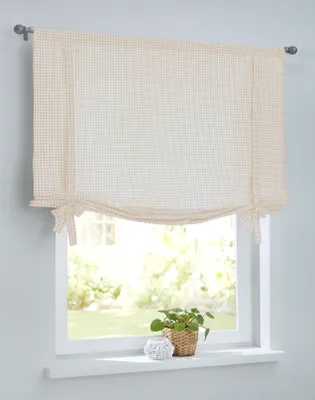 Produktbild von Cottage Kariertes Raffrollo Raffgardine mit Tunnelzug für Gardinenstangen, Landhaus-Gardine Küche Karo weiß-beige, Bindegardine, Rollgardine, Breite 60 cm x Höhe 100 cm