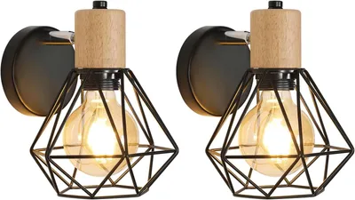 Two identical wall lights with black metal cages and wooden accents are displayed against a white background.