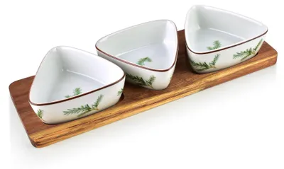 Image de Plateau de service en bois d'acacia Allesken Modern Kitchen 28 x 9,5 cm Naturel/Blanc, lot de 4 (1 plateau + 3 coupelles de 100 ml)
