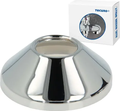 A chrome-plated escutcheon plate for plumbing, shown with its packaging in the background.
