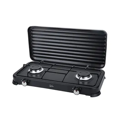A black portable gas stove with a grill lid.
