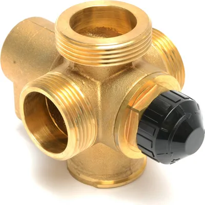 A close-up studio shot of a brass valve with a black knob, isolated on a white background.