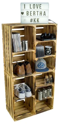 Produktbild von Obstkistenregal Bertha, geflammt, 2er Set, 55x55x30cm, 5 Fächer, 3 Einlegeböden