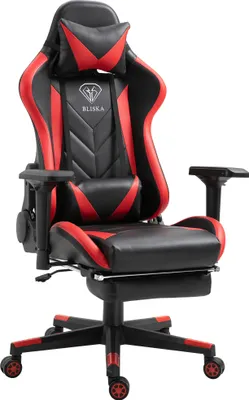 Produktbild von Gaming Stuhl mit Fußstütze und ergonomsichen 4D-Armlehnen gaming chair in ergonomischer Sportsitz Optik Gamer Stuhl mit verstellbaren Rückenstützkissen Bürostuhl,Farbe:Schwarz/Rot