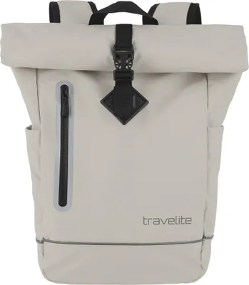 A front view of a beige roll-top rucksack.