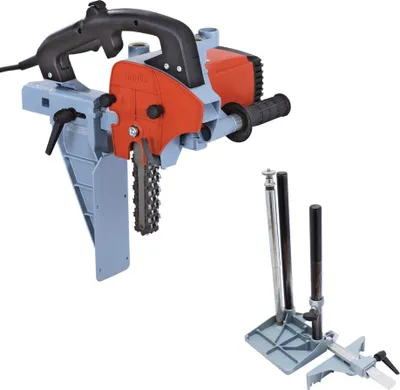 A chain mortiser tool and its stand are shown against a white background.