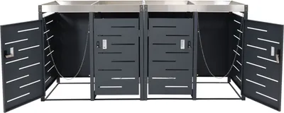 Immagine prodotto di contenitore per rifiuti a 4 scomparti HWC-H40b, contenitore per rifiuti, contenitore per fioriere combinazione acciaio inox-metallo 78kg 110x230x62cm espandibile