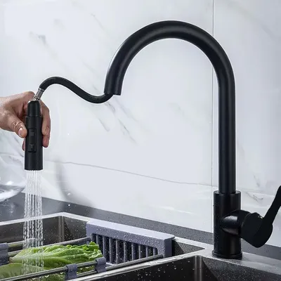 Immagine prodotto di Miscelatore da cucina estraibile a 360°, acciaio inossidabile nero, alta pressione