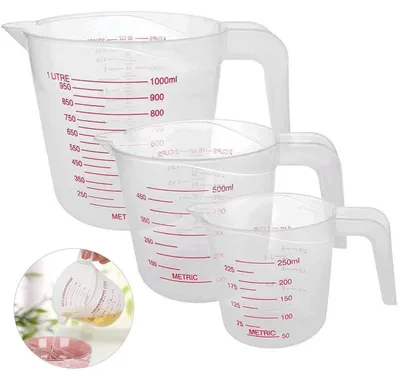Obrázok produktu pre Sada odmerných pohárov: 250 ml, 500 ml, 1000 ml, priehľadný plast, s odmernou stupnicou