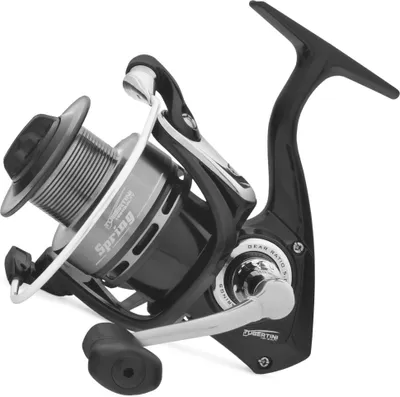 A black and silver fishing reel is shown against a white background.