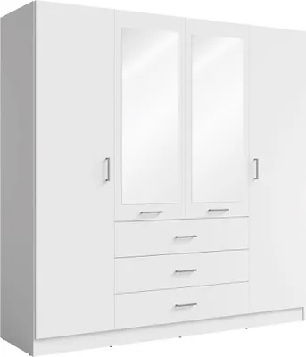 Image de Armoire KALISTA 200 cm blanc mat – 4 portes battantes, 2 miroirs, 3 tiroirs