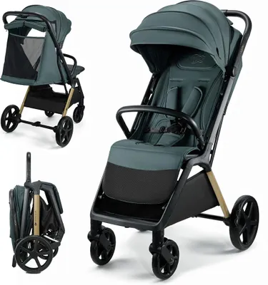 A collage of images showing a green stroller in different states: fully assembled, folded, and a close-up of the seat.
