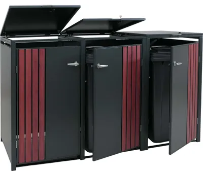 Produktbild von 3er-Mülltonnenverkleidung MCW-O67, Mülltonnenbox mit Deckel, Metall 122x200x84cm 83kg  anthrazit Holzoptik dunkel