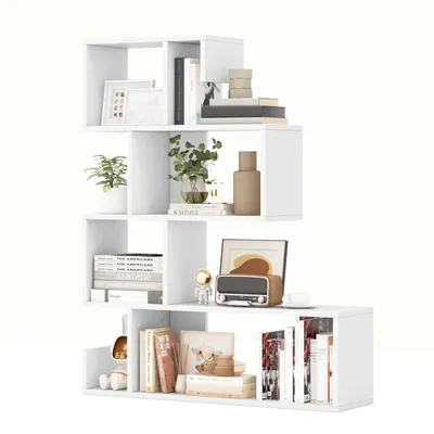 Produktbild von COSTWAY 5-stufiges S-förmiges Bücherregal, geometrisches Ablageregal mit offenen Fächern, Zimmerregal mit Kippschutz-Sets Weiß
