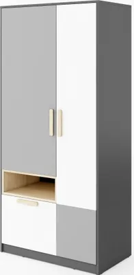 Produktbild von Furniture24 Kleiderschrank POK P02, Schrank, 2 Türiger Drehtürenschrank mit Schublade, Kleiderstange und 1 Einlegeboden