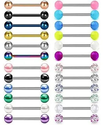Obrázok produktu pre Sada na piercing jazyka a bradaviek, 24 kusov, mix farieb, 14G, chirurgická oceľ, zirkón, trblietavá guľa, luminiscenčná perla, 14 mm