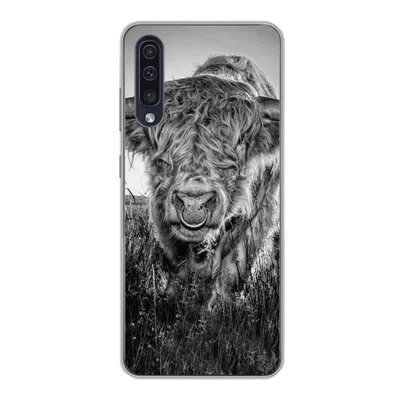 Produktbild von MuchoWow® Handyhülle Schutzhülle Hülle für Samsung Galaxy A30s Schottischer Highlander - Schwarz und Weiß Silikon Softcase Handy Hülle - Karteninhaber