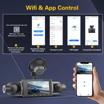 Image de Caméra de tableau de bord - Caméra embarquée - Caméra de voiture - Enregistreur vidéo pour voiture - Enregistreur automobile - 1080P, 4 canaux, grand angle 360°