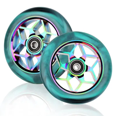 Immagine prodotto di Ruote per scooter da 110 mm - Sostituzione, confezione da 2 - Cuscinetti a sfera ABEC-9 - Pneumatici in poliuretano - Mozzo in lega di alluminio - Elevata elasticità - Ruote per freestyle